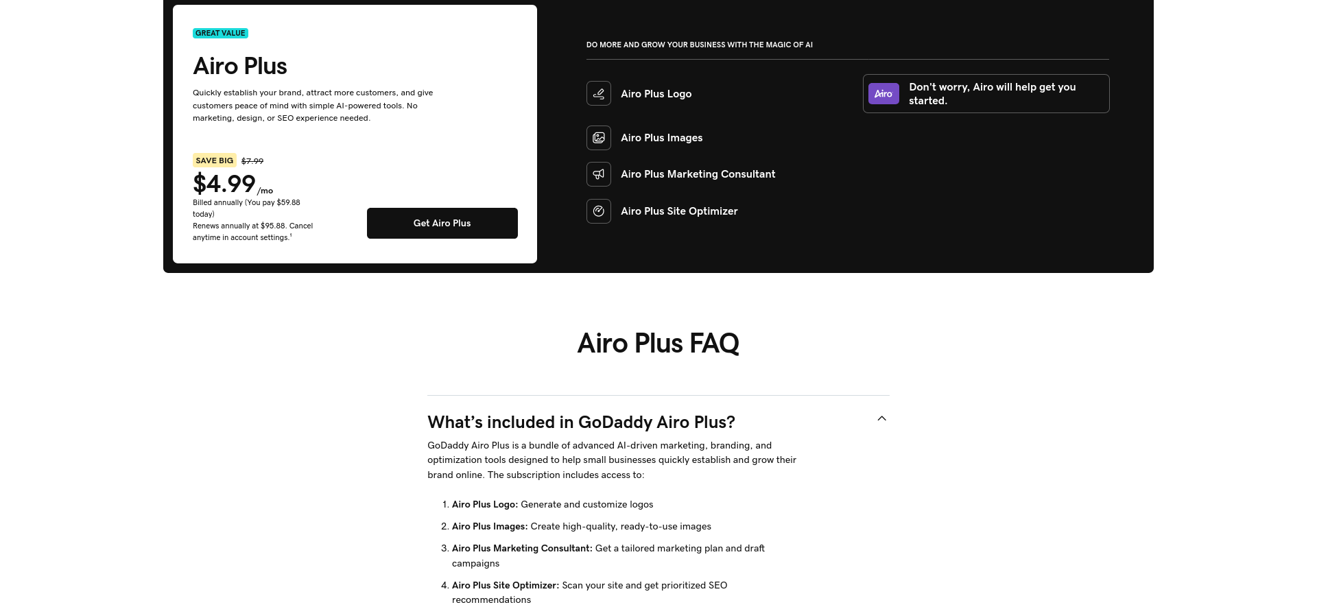 GoDaddy Airo Plus AI branding marketing and site optimization tools