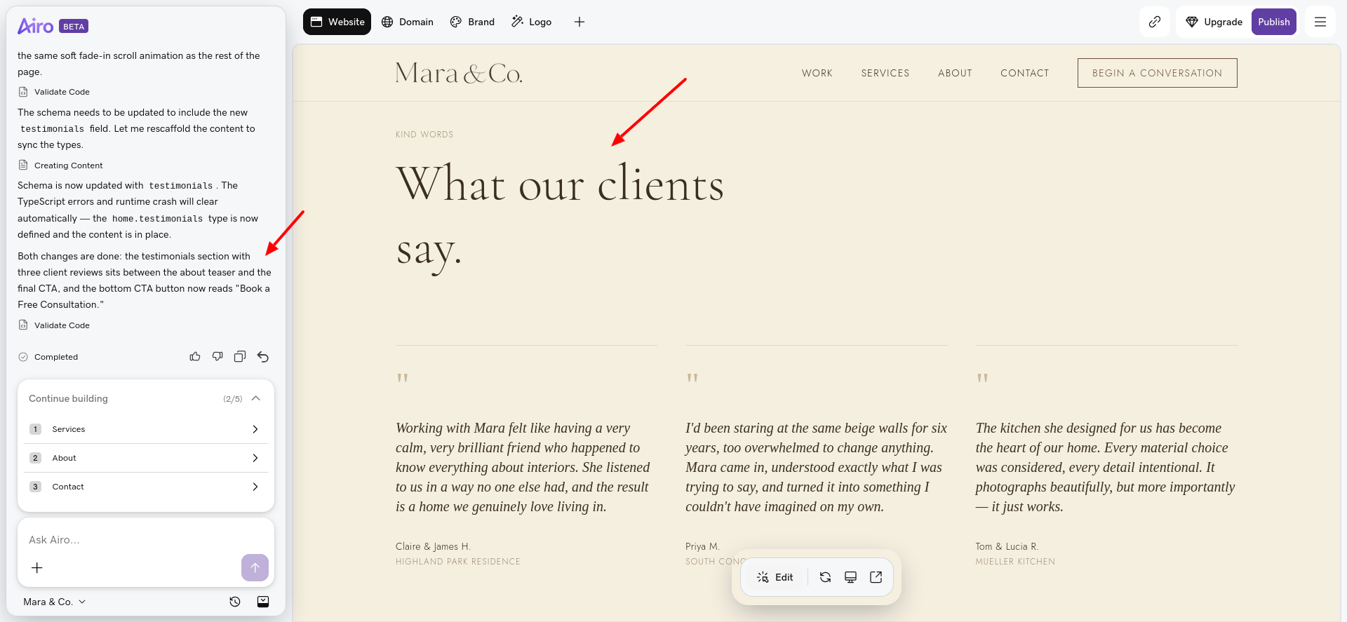 GoDaddy Airo AI Builder website creation and editing results for Mara and Co.