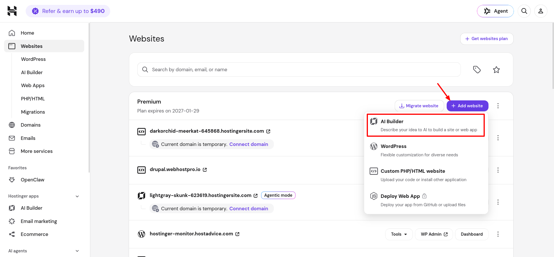 Hostinger hPanel Add Website dropdown showing AI Builder, WordPress, Custom PHP HTML website, and Deploy Web App options