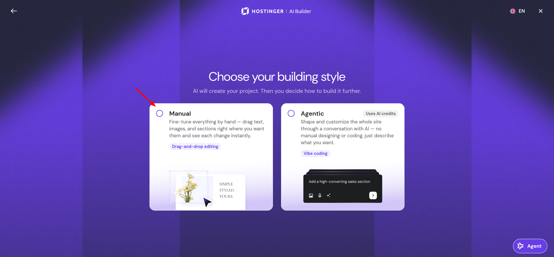 Hostinger AI Builder screen showing Manual and Agentic building style options