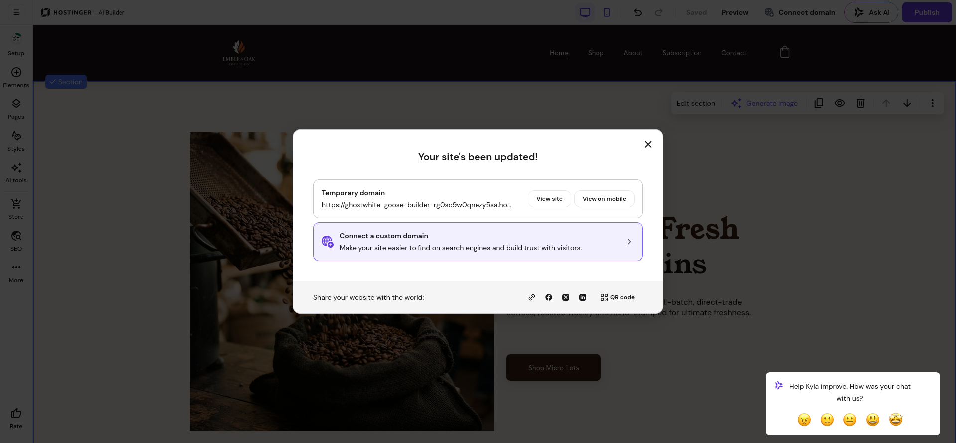 Hostinger AI Builder confirmation showing a published website on a temporary Hostinger domain