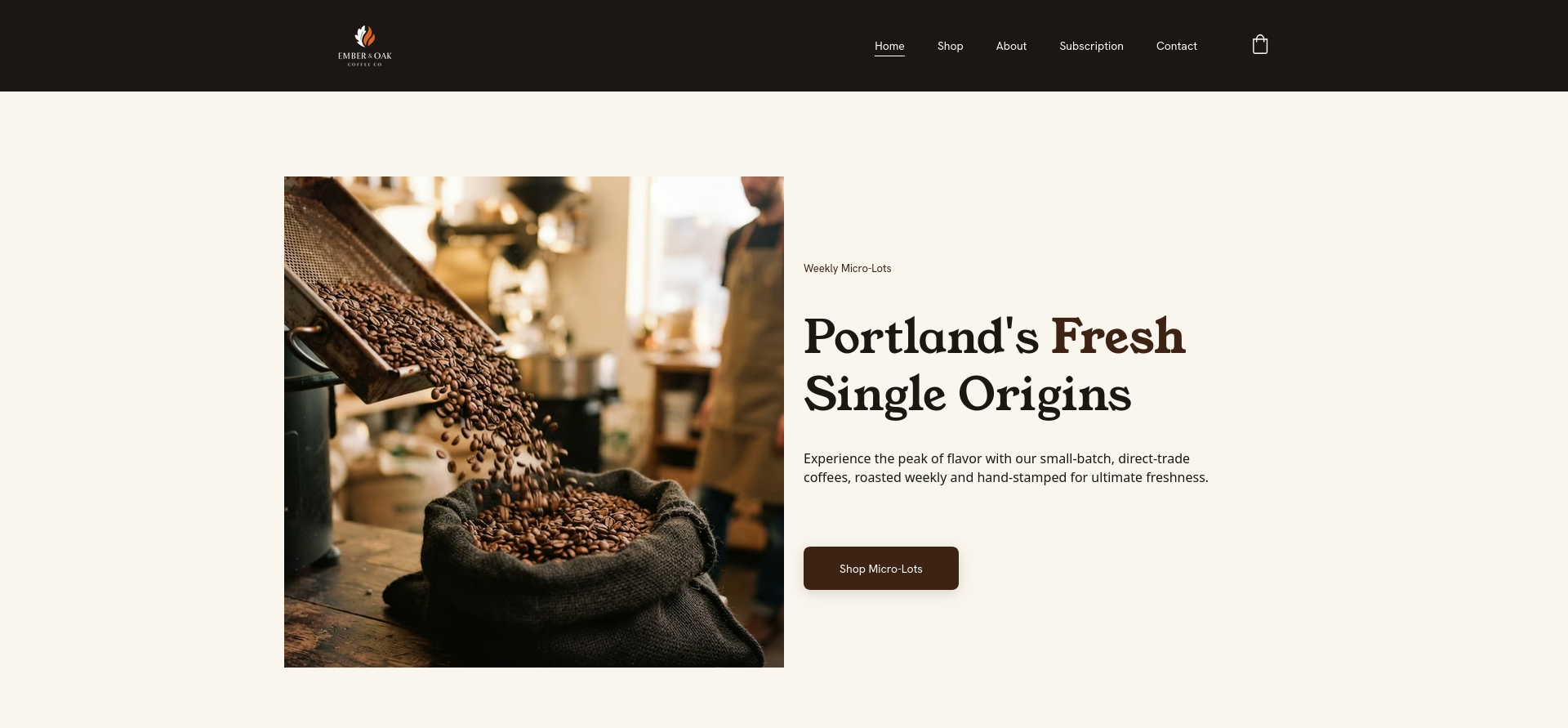 Finished Ember and Oak Coffee website showing ecommerce product listings, pricing, and farm-to-cup content