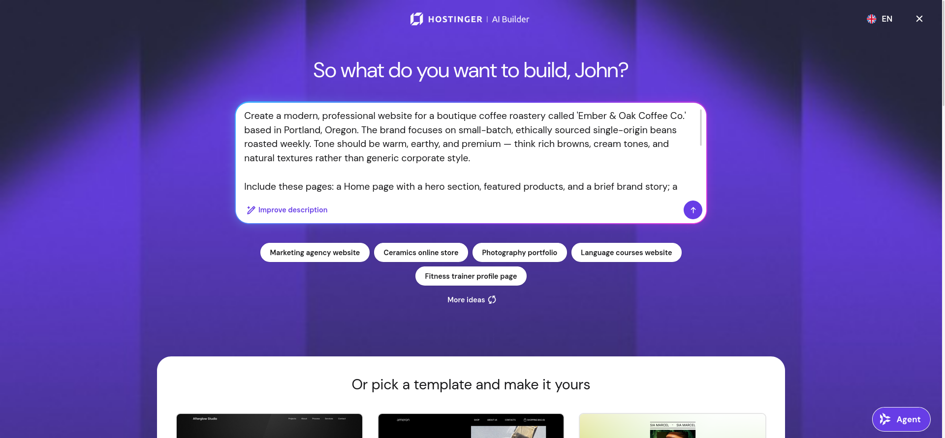 Hostinger AI Builder prompt entry screen with quick-start website suggestion chips