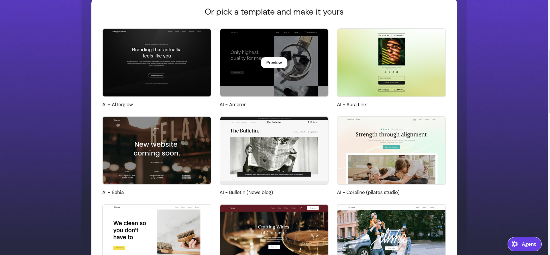 Hostinger AI Builder template gallery showing pre-designed website templates by category