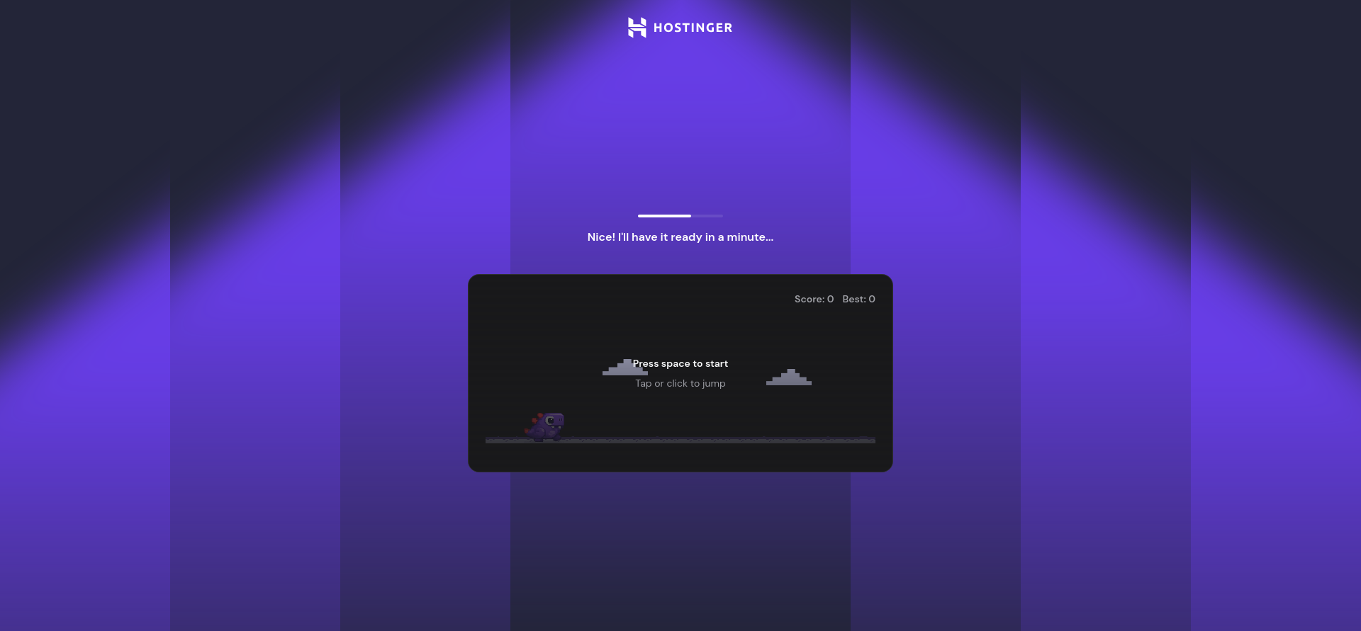 Hostinger AI Builder website generation loading screen with a playable dinosaur-jump mini-game