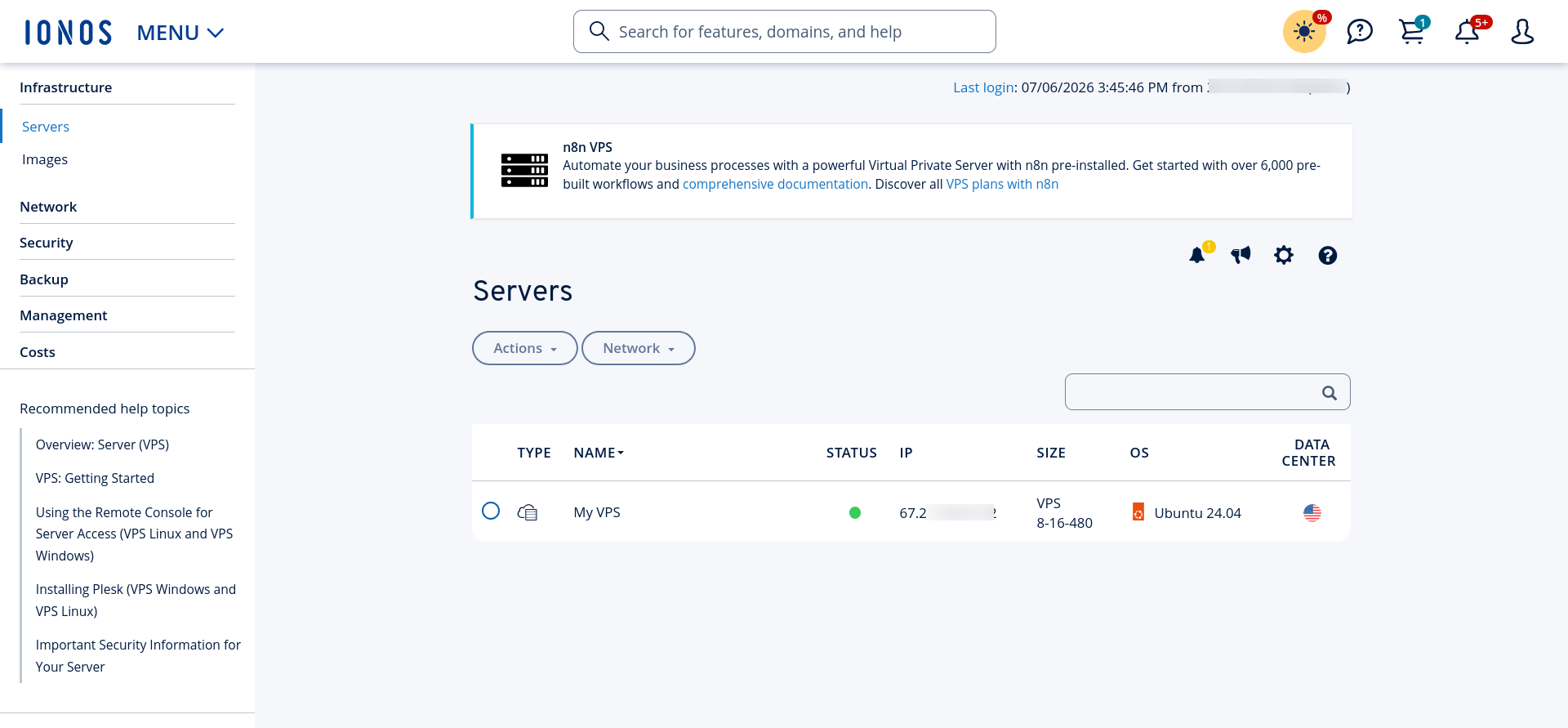 IONOS Cloud Panel server management environment