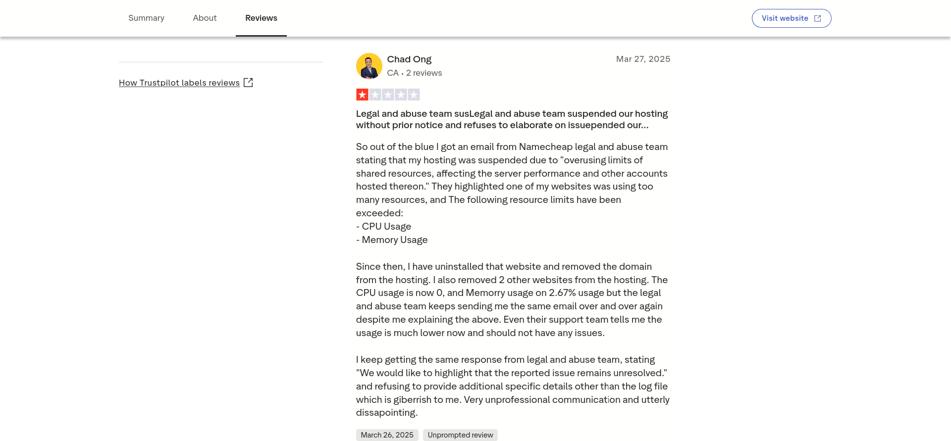 Namecheap Trustpilot review describing a hosting suspension caused by shared hosting resource limits