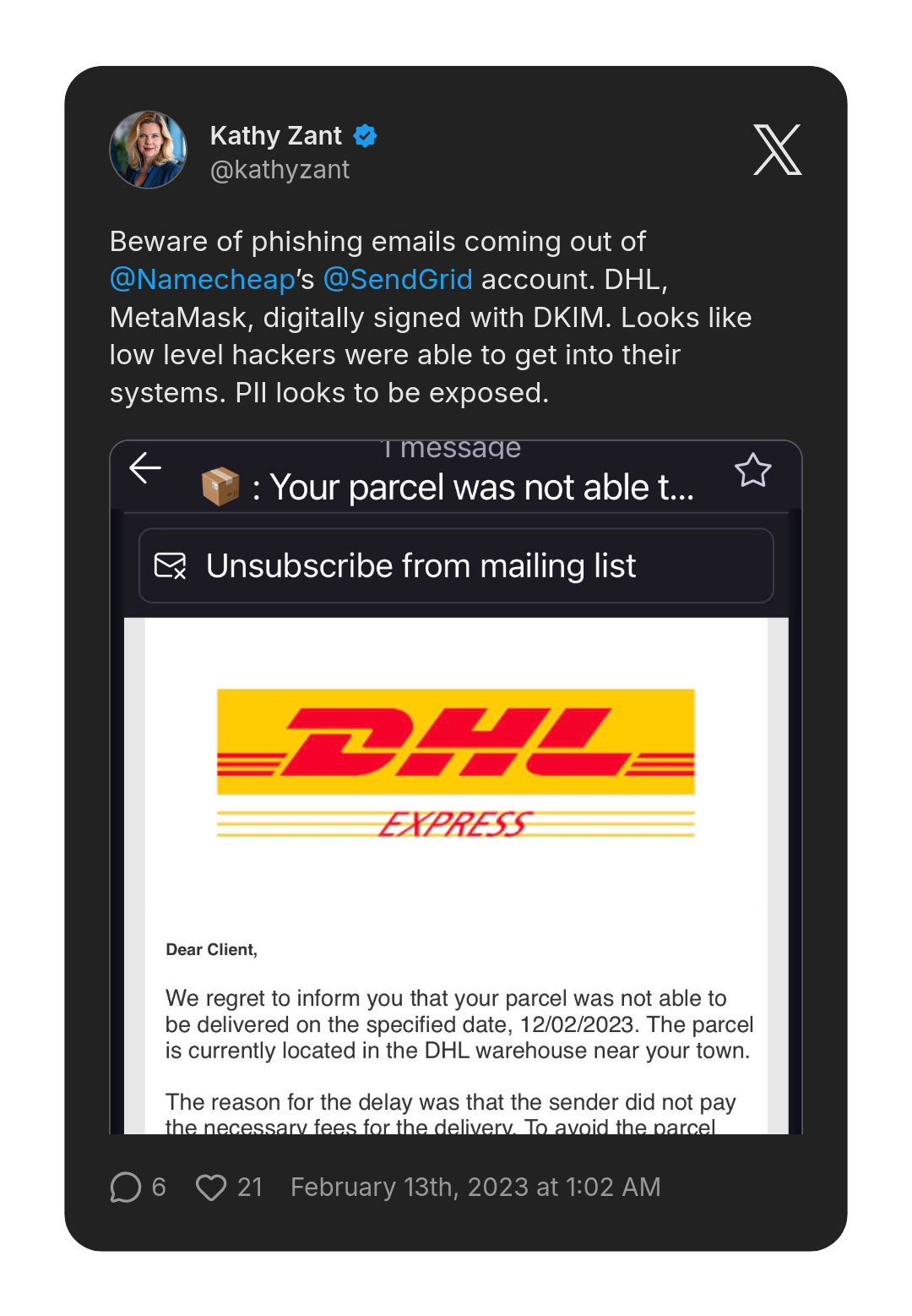 A February 2023 X post showing a screenshot of a phishing email impersonating DHL, sent through Namecheap's compromised SendGrid email account