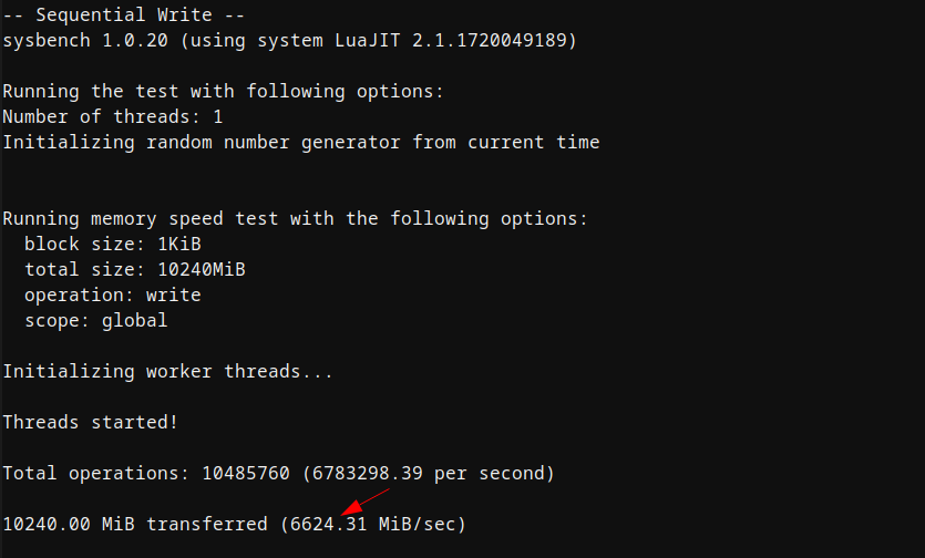 screenshot of Sequential Write Memory Performance test (Dedicated Server)