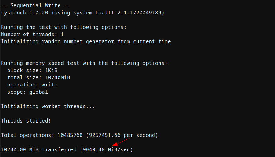 screenshot of Sequential Write Memory performance test