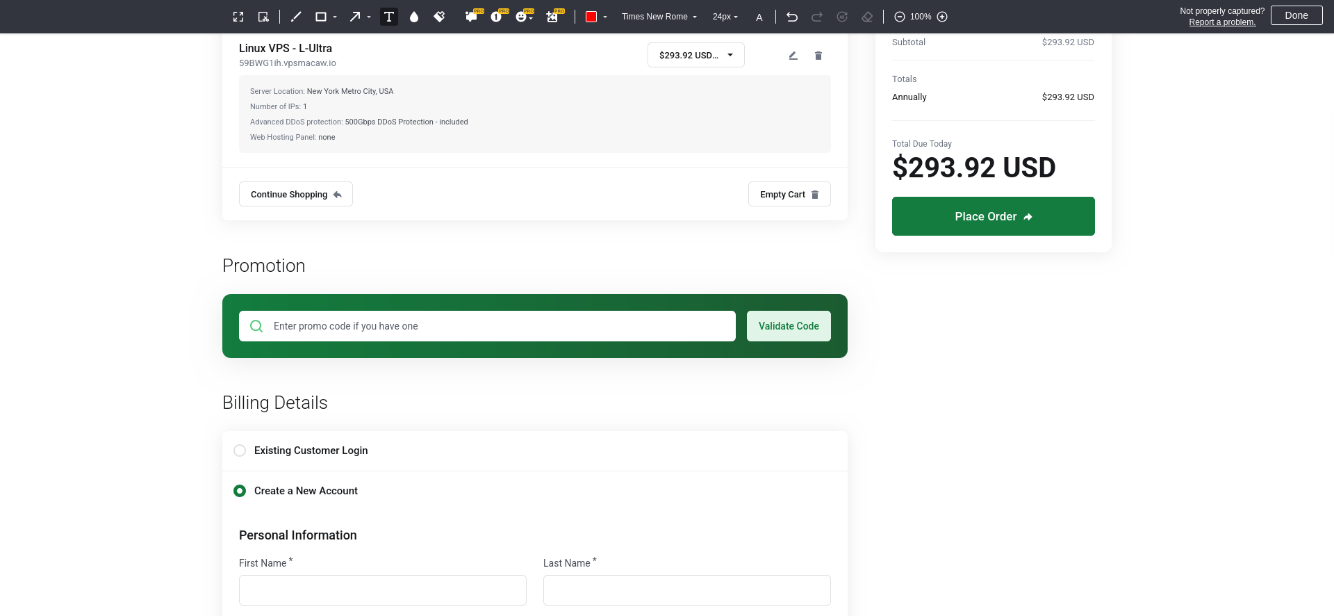 screenshot of the checkout