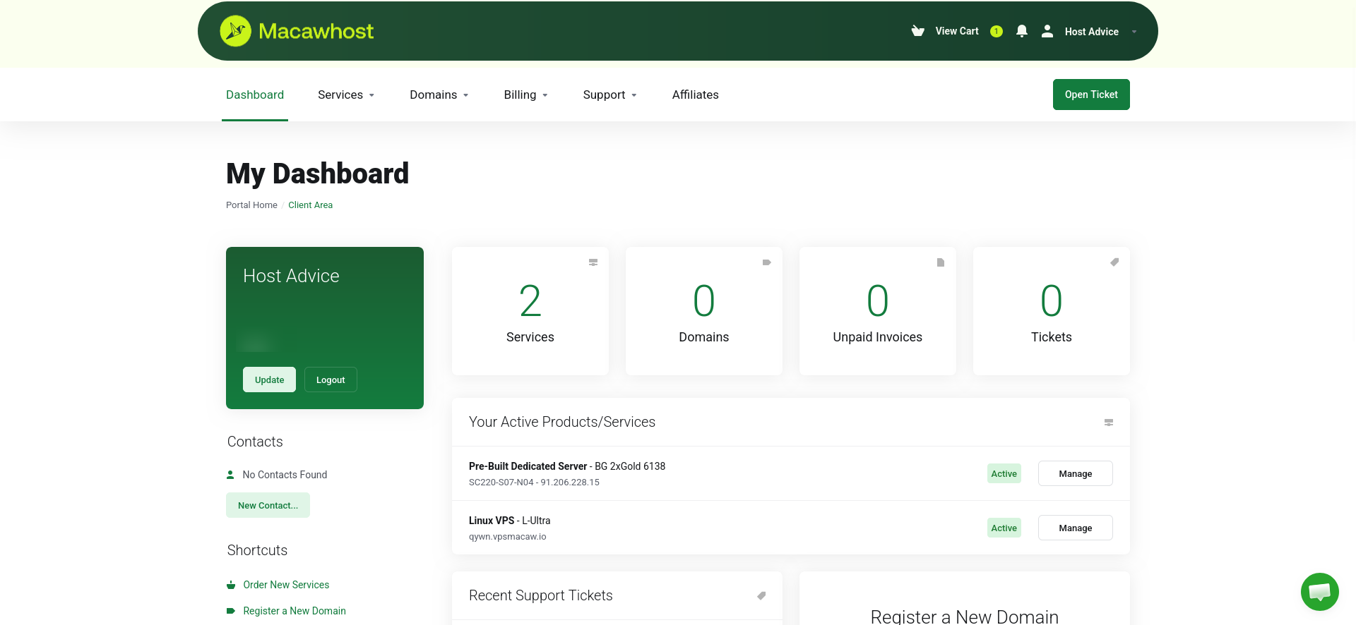 screenshot of the dashboard