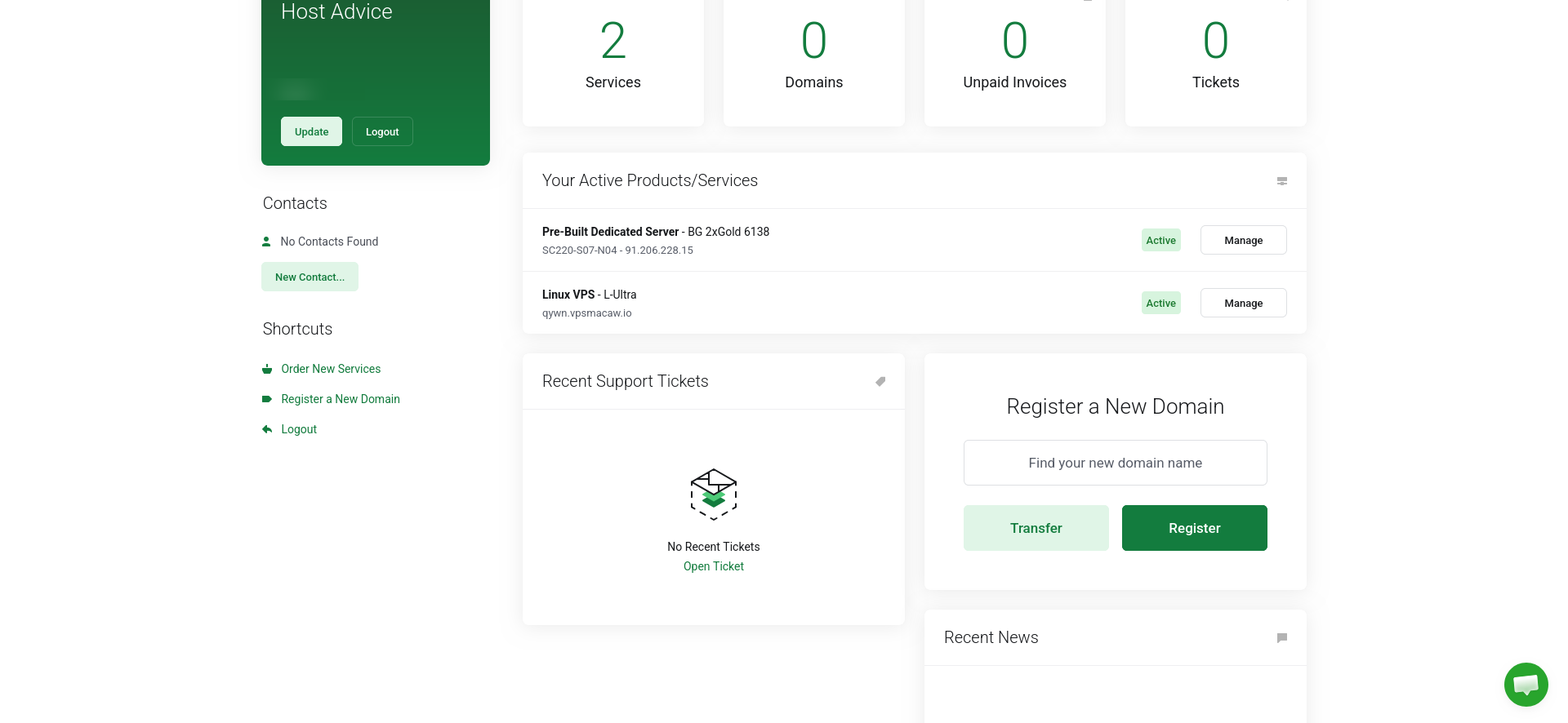screenshot of the dashboard