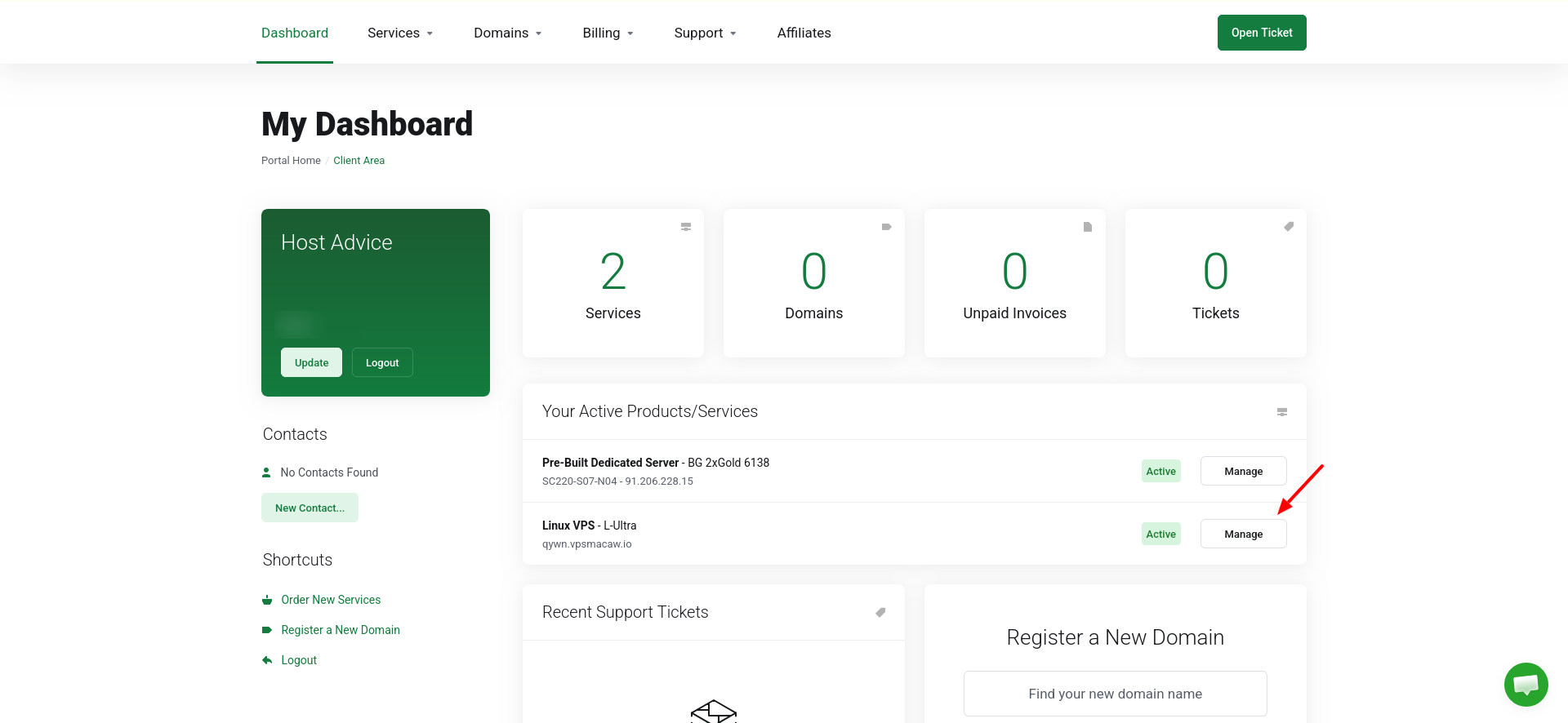 screenshot of the 'Manage' button