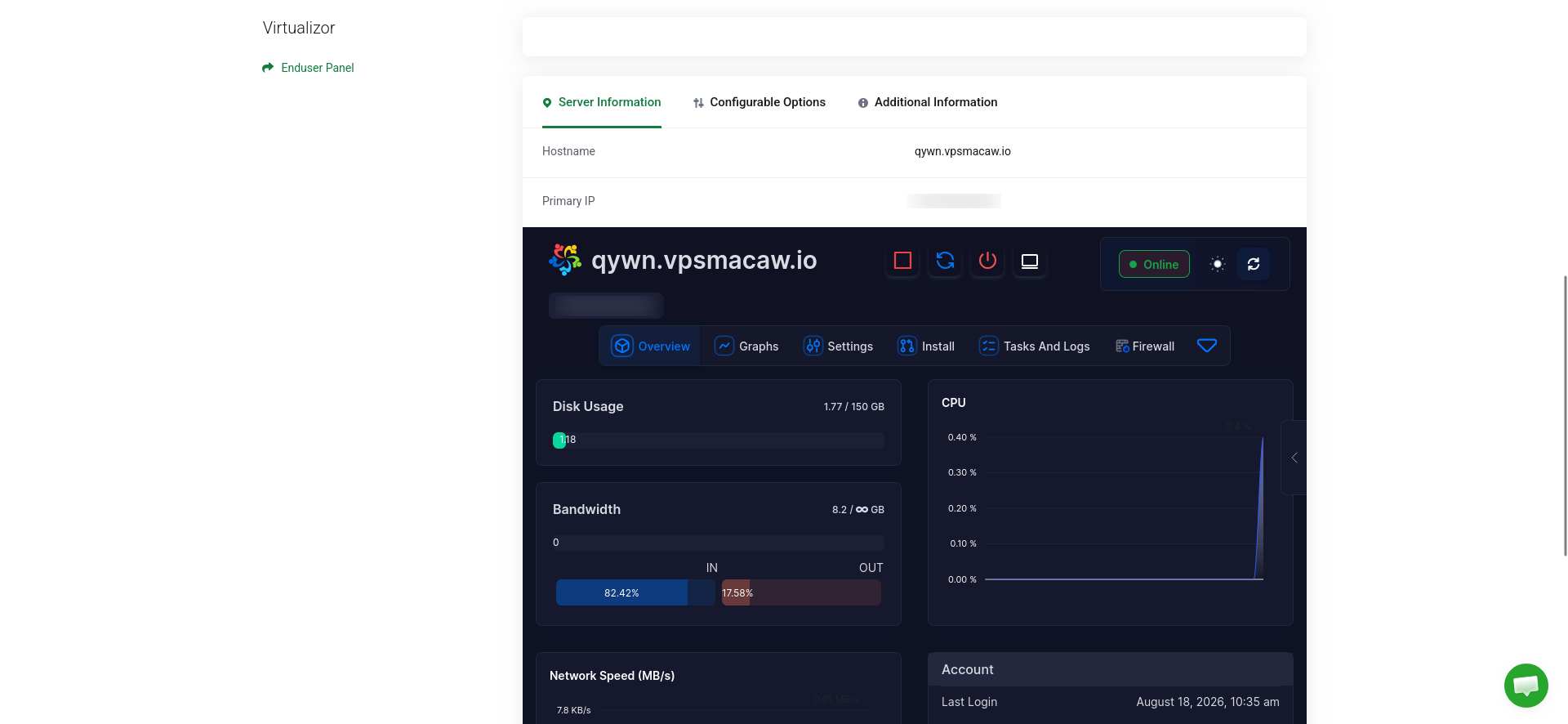 screenshot of the Server Information