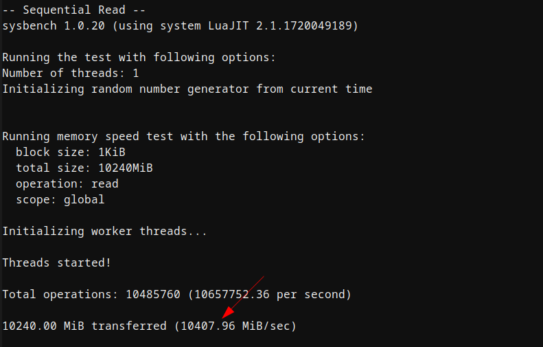 screenshot of Sequential Read Memory performance test
