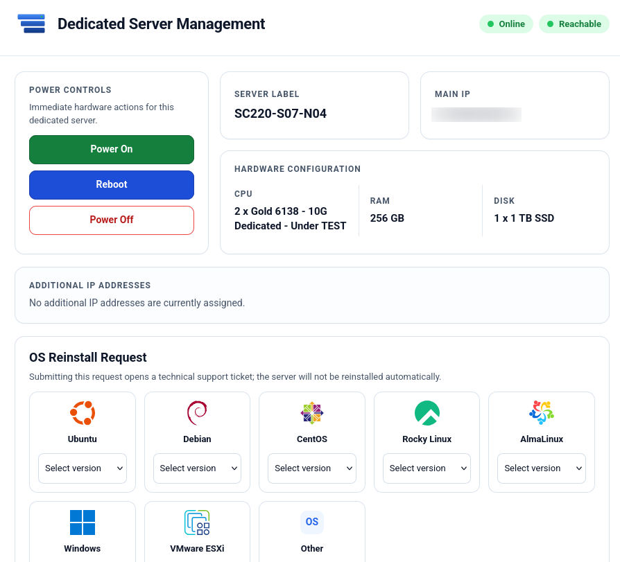 screenshot of the Dedicated Server Management