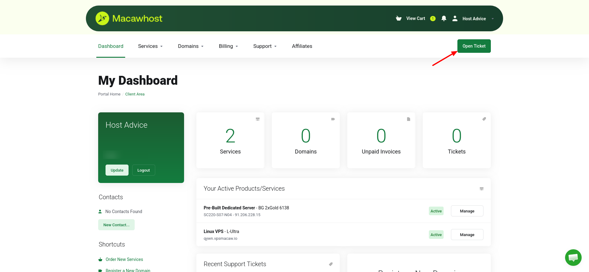 screenshot of 'Open Ticket' button
