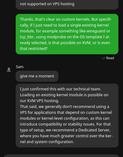 screenshot of Live chat conversation