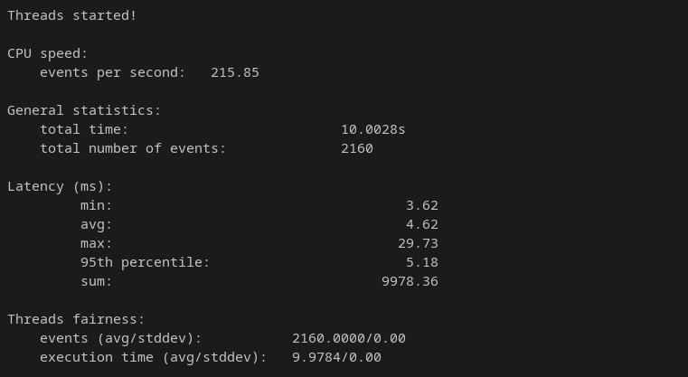 sysbench single-thread CPU result showing 215.85 events per second and 4.62ms average latency