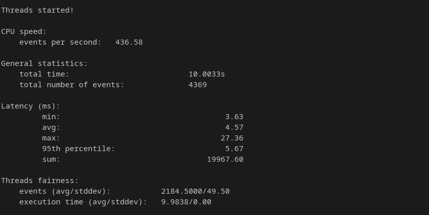 sysbench multi-thread CPU result showing 436.58 events per second across 2 threads with thread fairness standard deviation of 49.50
