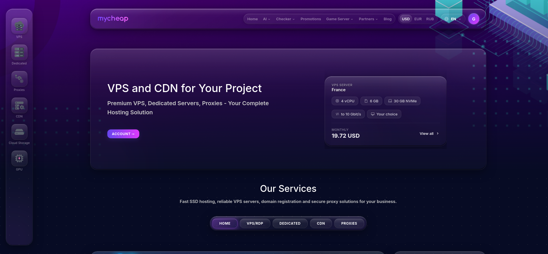 screenshot of mycheap website