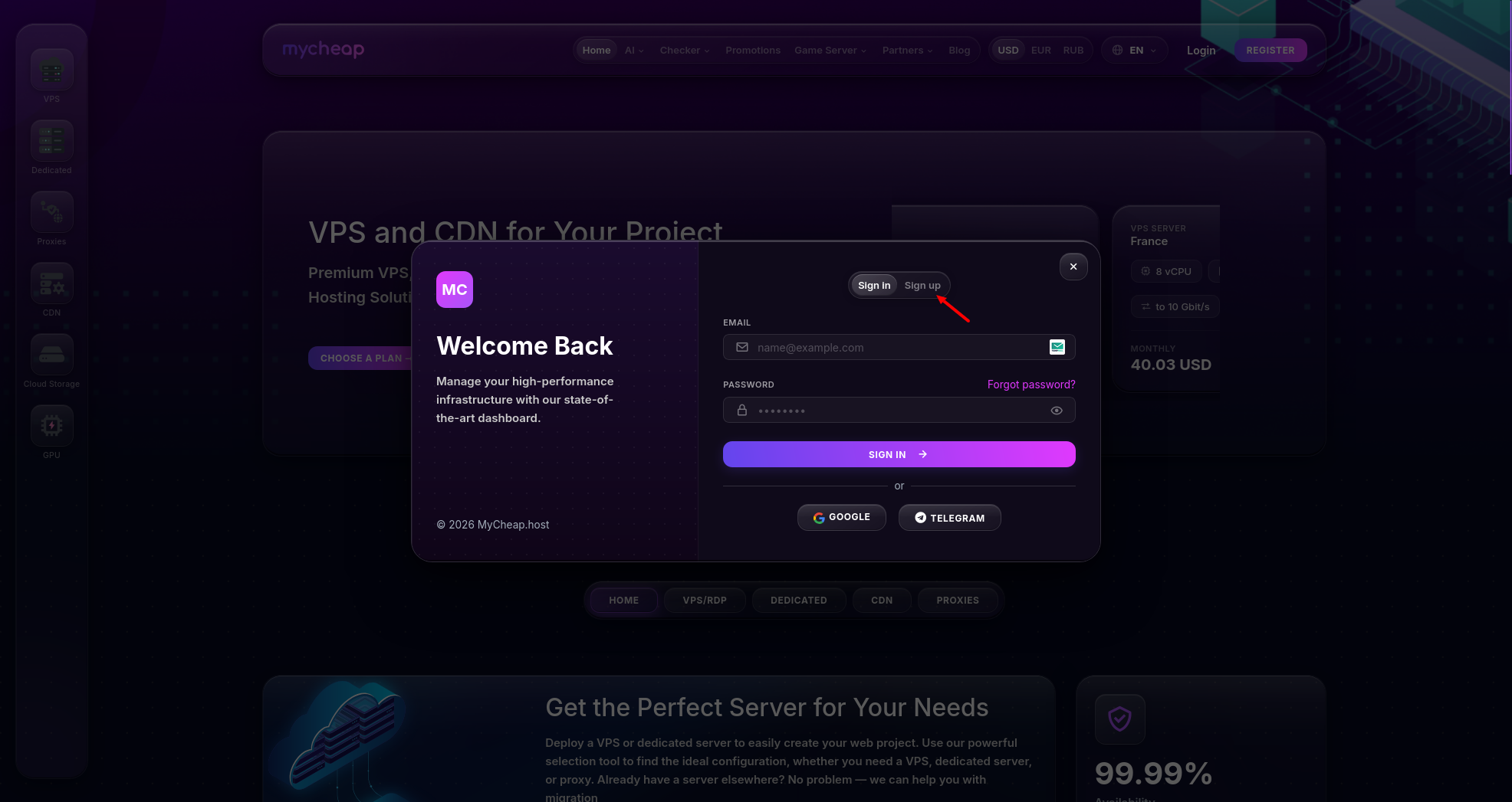 screenshot of the Sign Up button