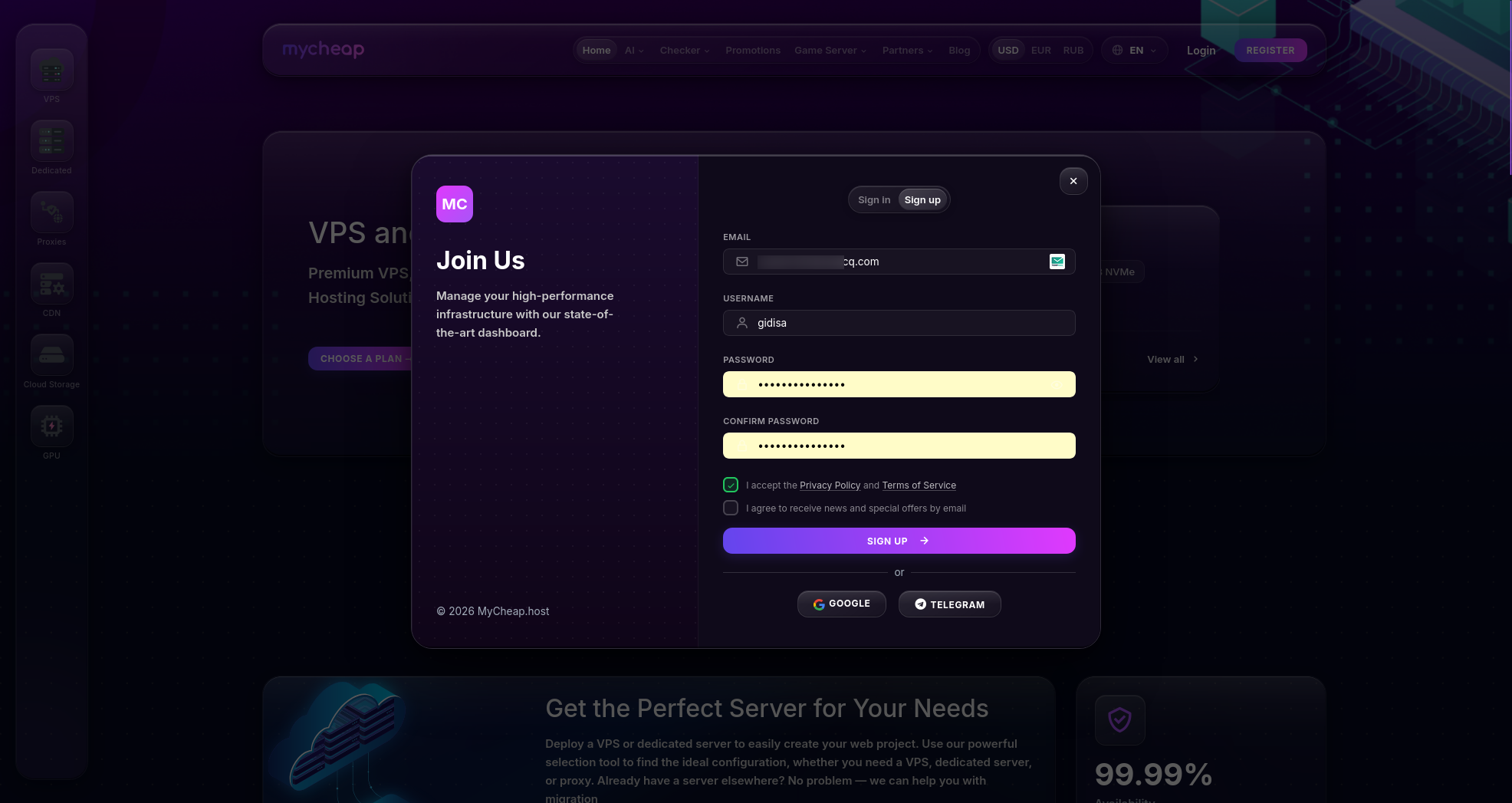 screenshot of the Sign Up form
