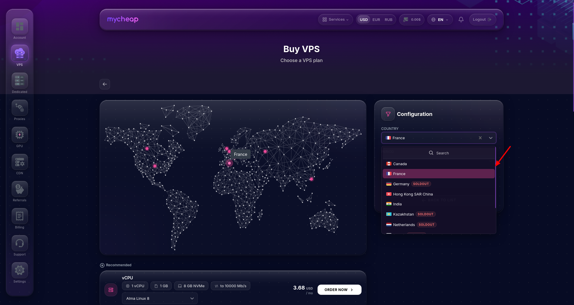 screenshot of server locations