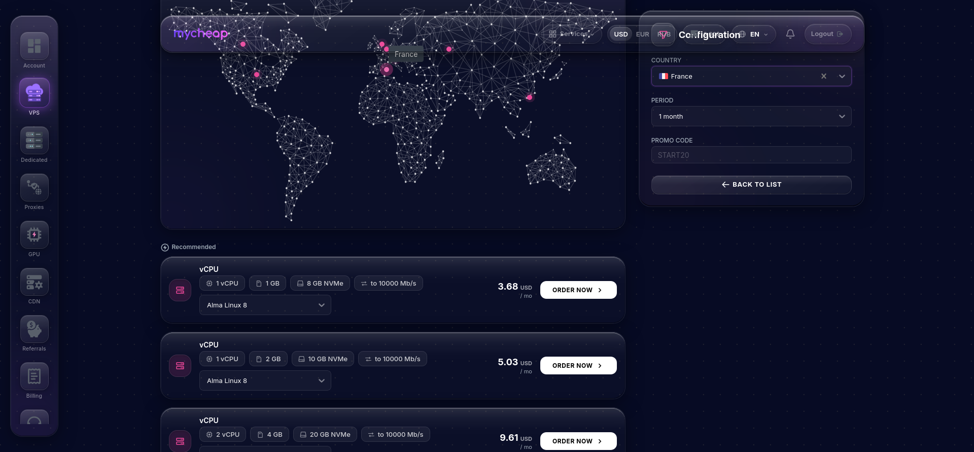 screenshot of the available VPS servers