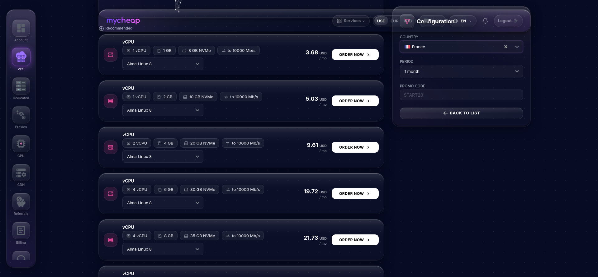 screenshot of the more VPS servers