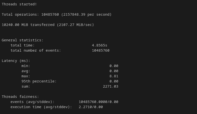 sysbench memory sequential write result showing 2107.27 MiB per second throughput