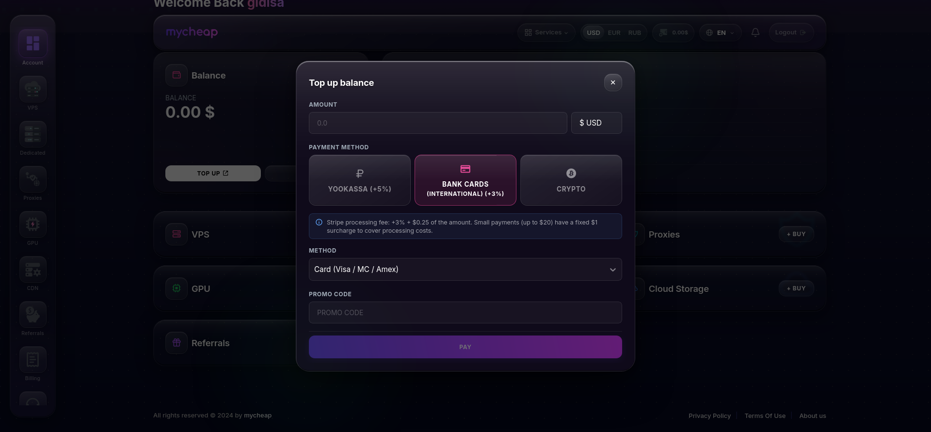 screenshot of payment methods