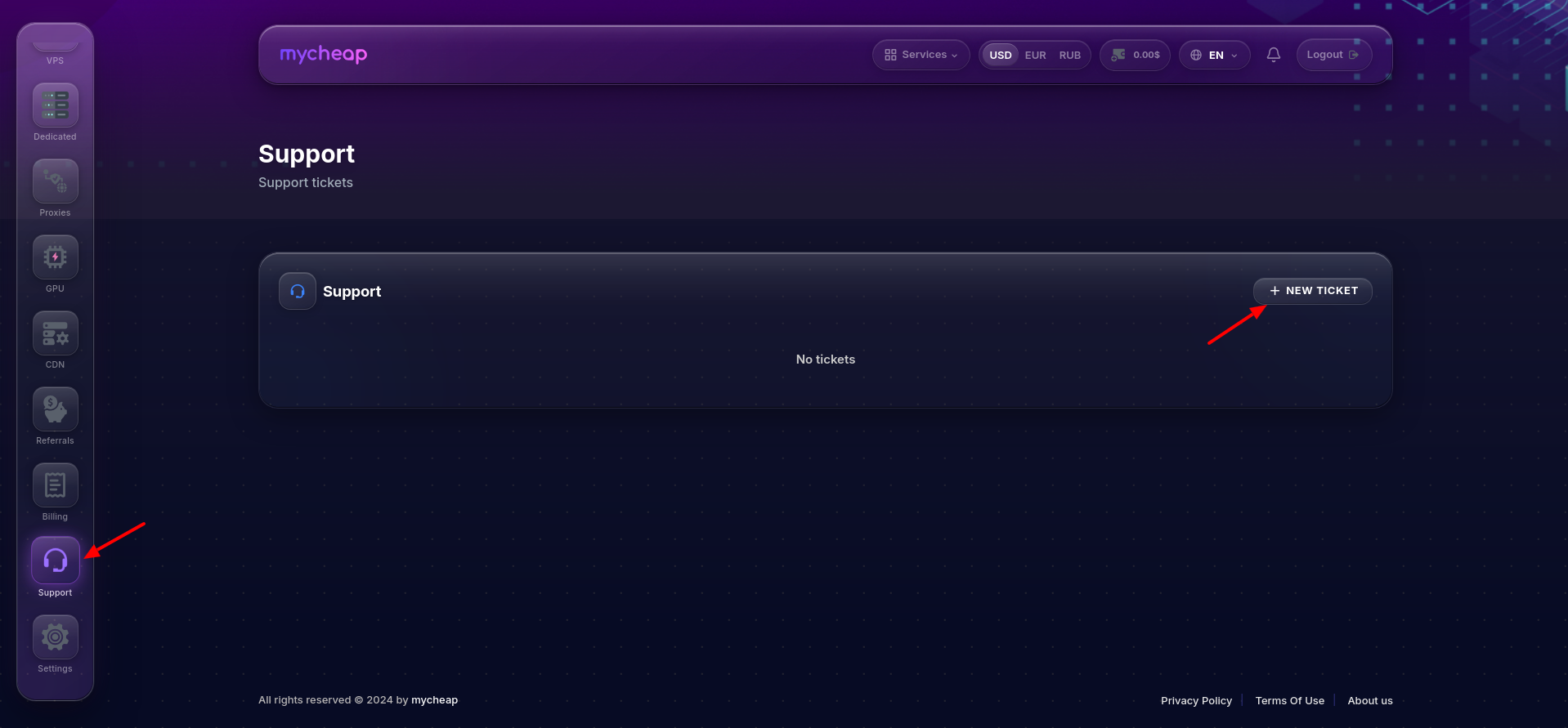 screenshot of the support button