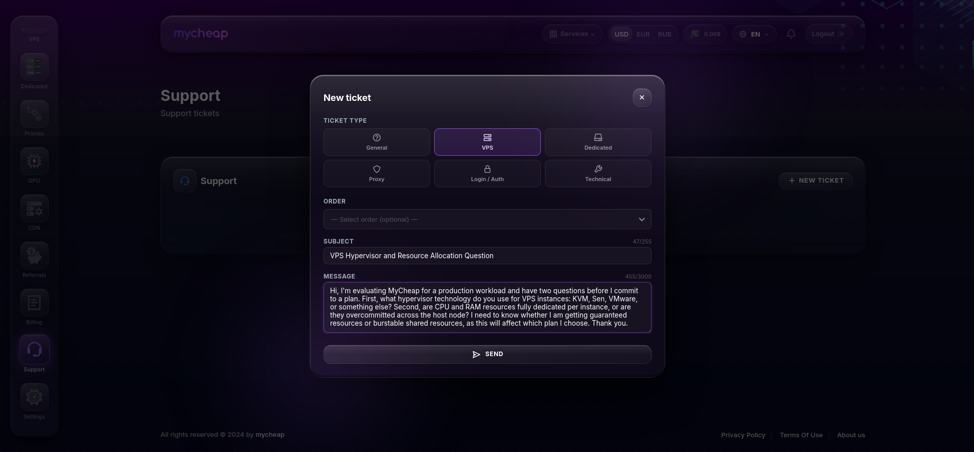 screenshot of the new ticket menu