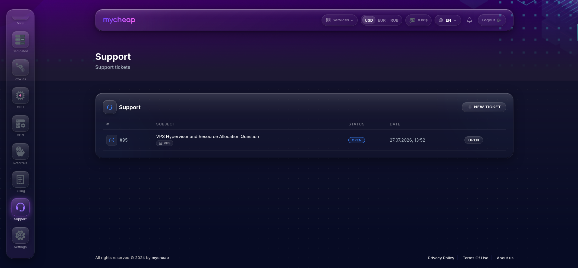 screenshot of the Support tab