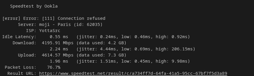 Ookla speedtest first run showing 4195 Mbps download and 4614 Mbps upload with 76.7 percent packet loss following a connection refused error