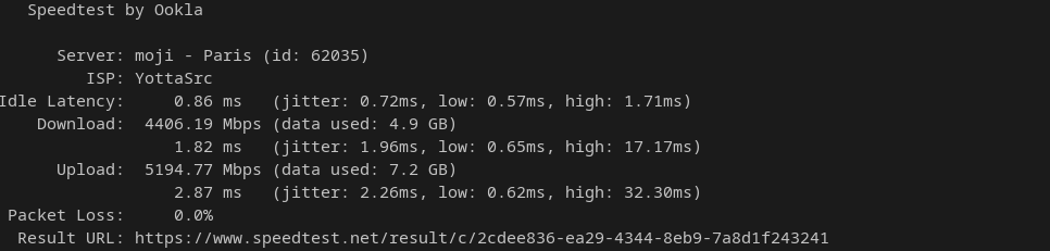 Ookla speedtest second run showing 4406 Mbps download and 5194 Mbps upload with zero packet loss