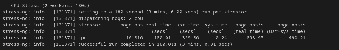 stress-ng CPU stress test result showing 161816 bogo ops completed in 180 seconds with zero failures
