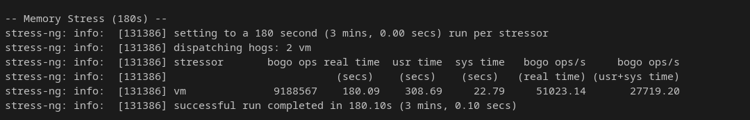 stress-ng memory stress test result showing 9188567 bogo ops completed in 180 seconds with zero failures