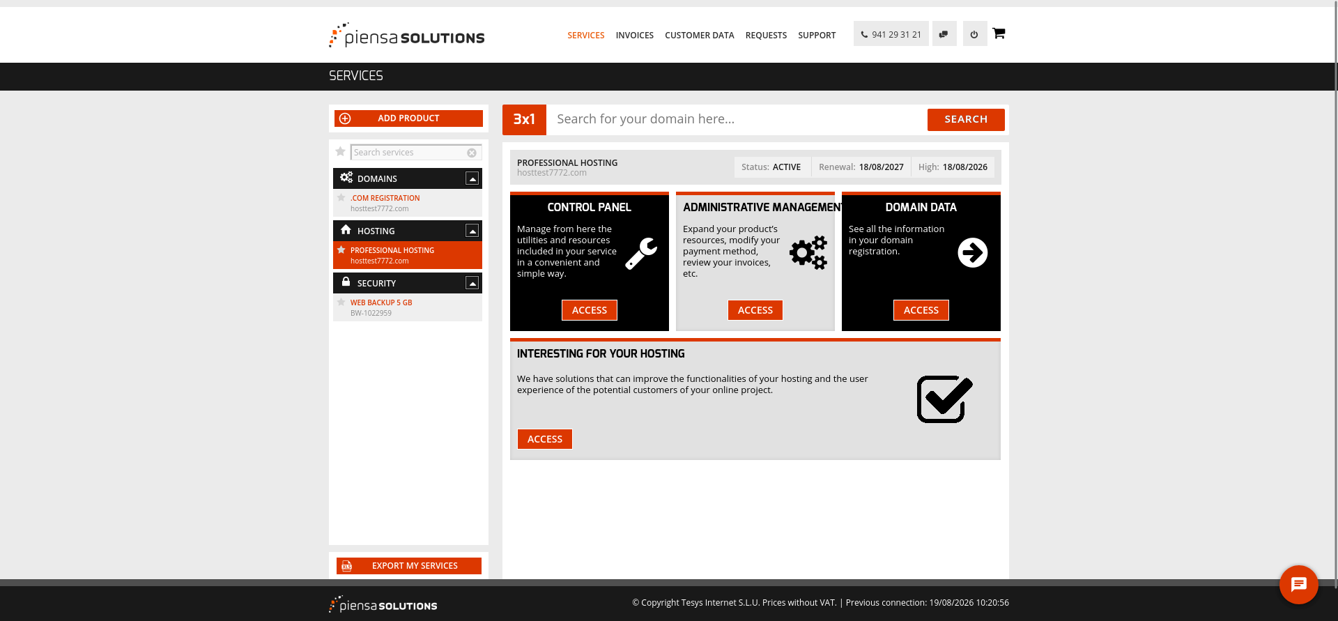 Piensa Solutions hosting management account interface