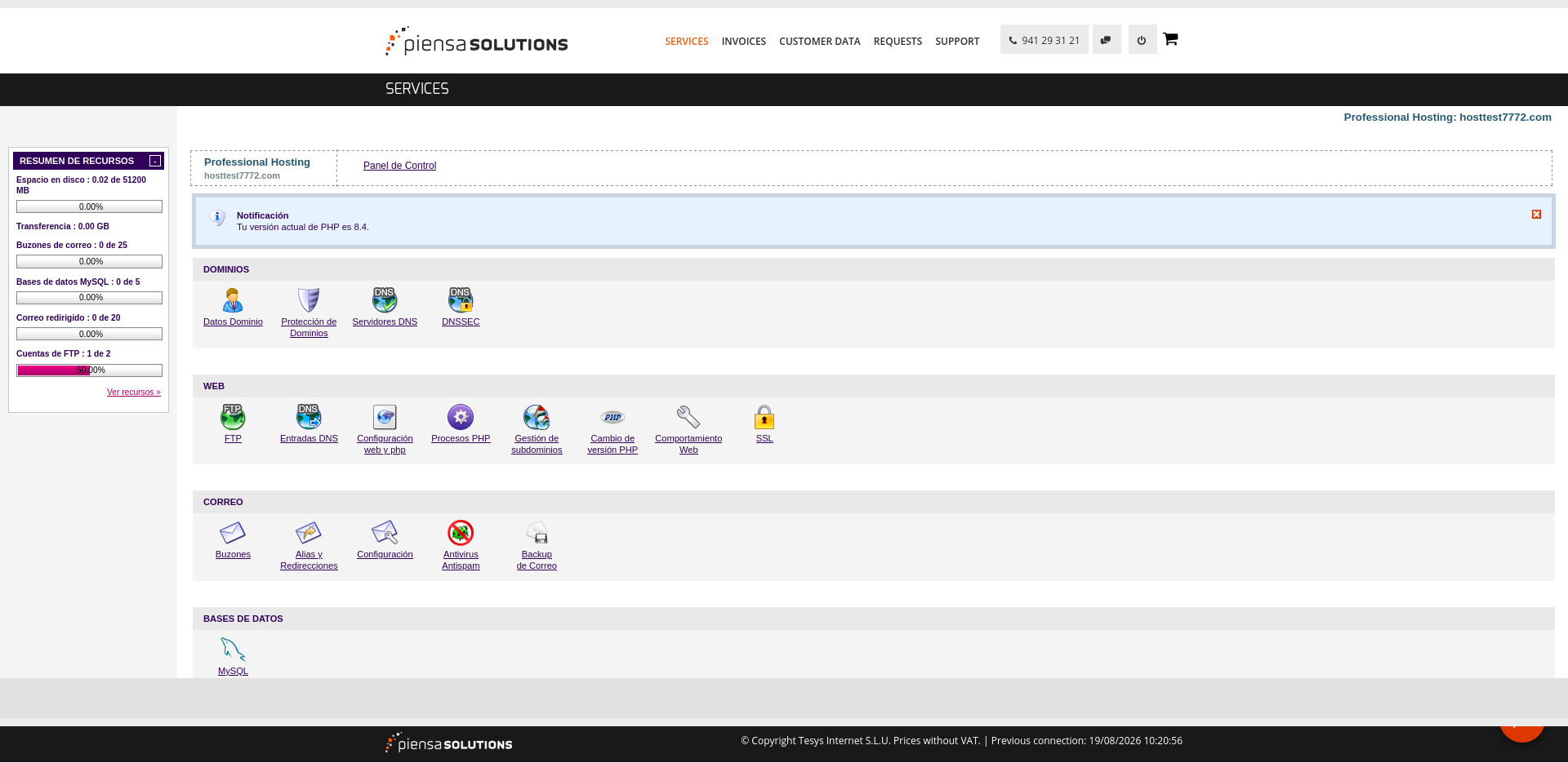 Piensa Solutions Spanish hosting control panel showing Domains Web Mail and Database tools