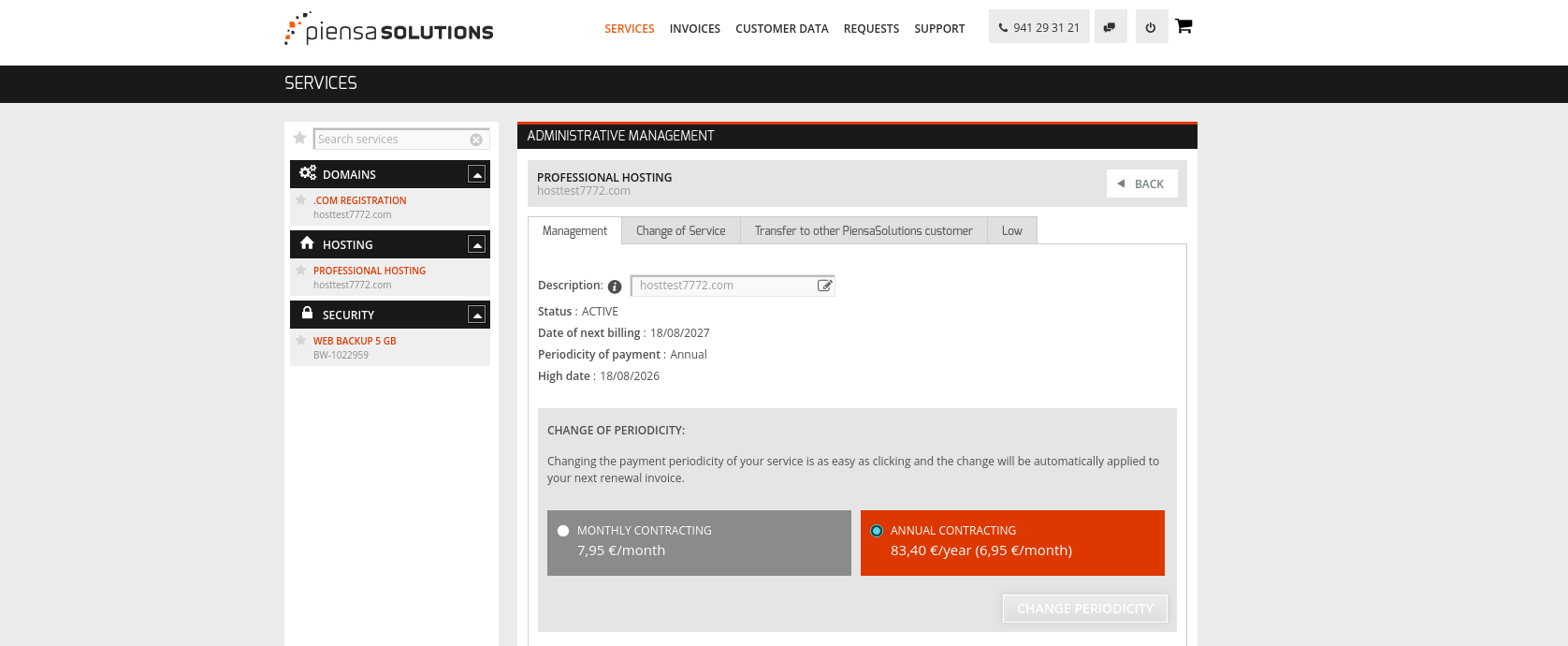 Piensa Solutions Administrative Management page showing monthly and annual hosting pricing