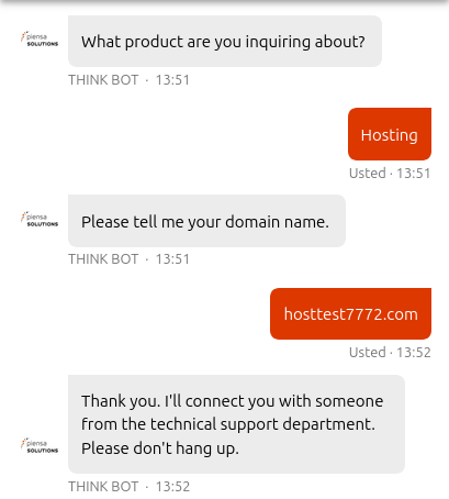 Piensa Solutions live chat bot intake for technical hosting support