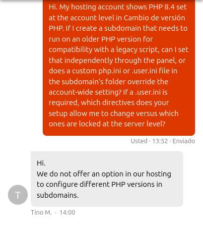 Piensa Solutions live chat response about configuring PHP versions on subdomains