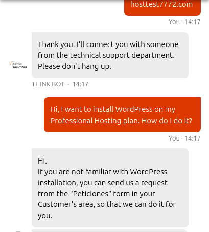 Piensa Solutions live chat advising use of Peticiones form for WordPress installation