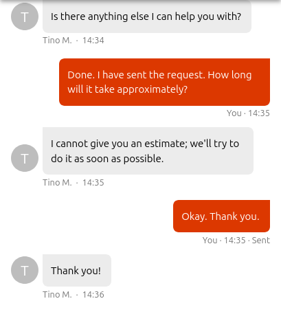 Piensa Solutions live chat response regarding WordPress installation request timeframe