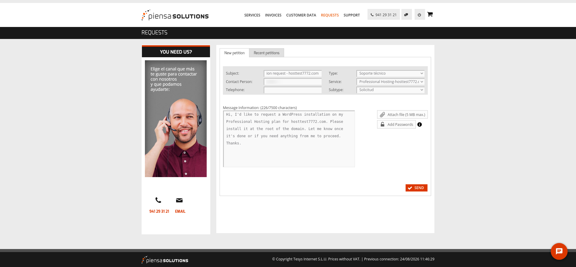 Piensa Solutions new support petition form with service subtype attachment and password options