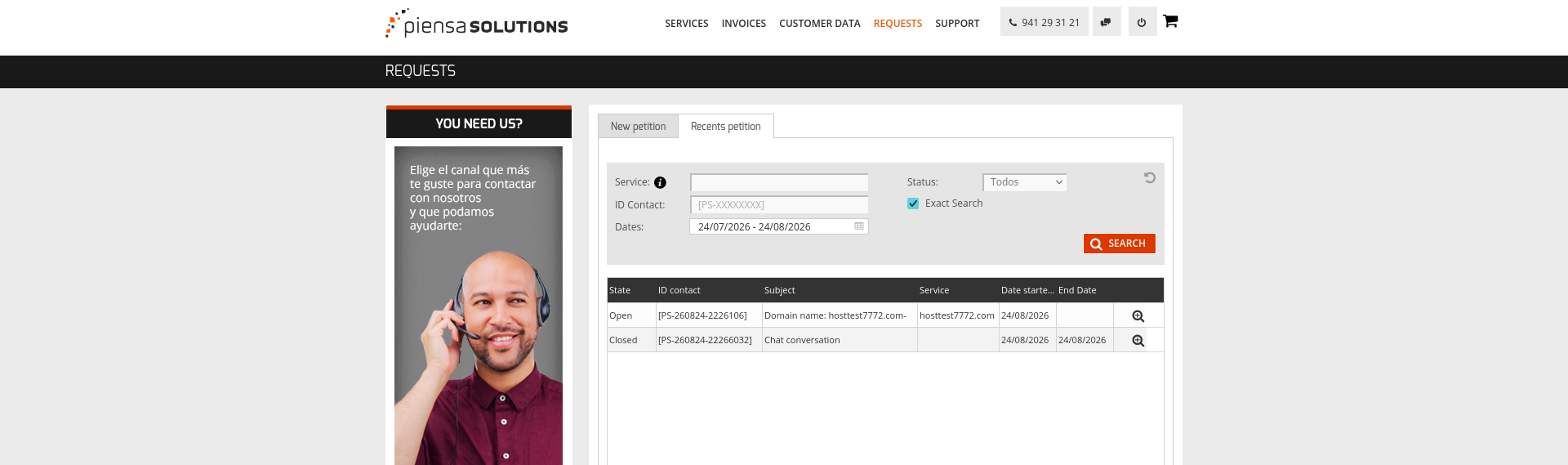 Piensa Solutions Recent Petitions support ticket tracking page