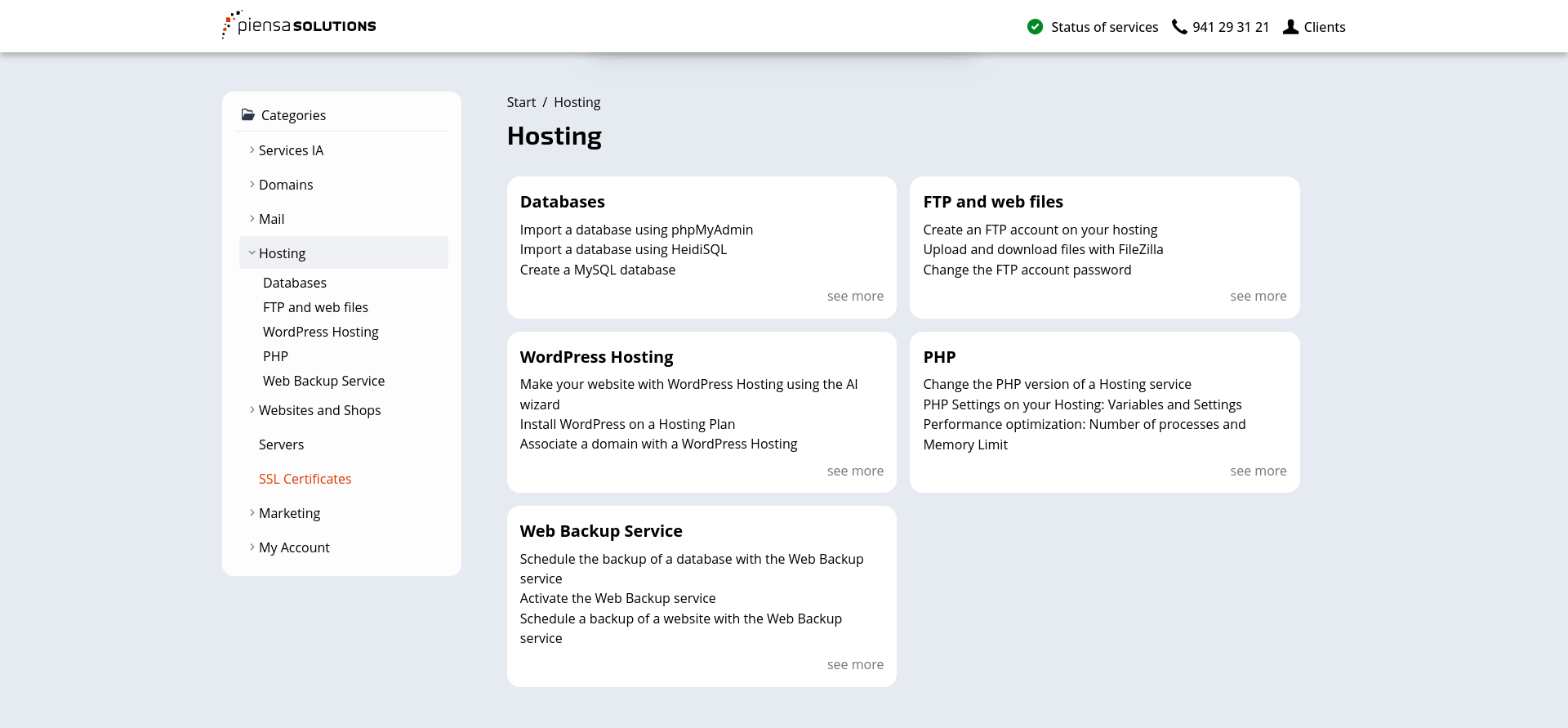 Piensa Solutions Hosting knowledge base categories including databases FTP WordPress PHP and backups